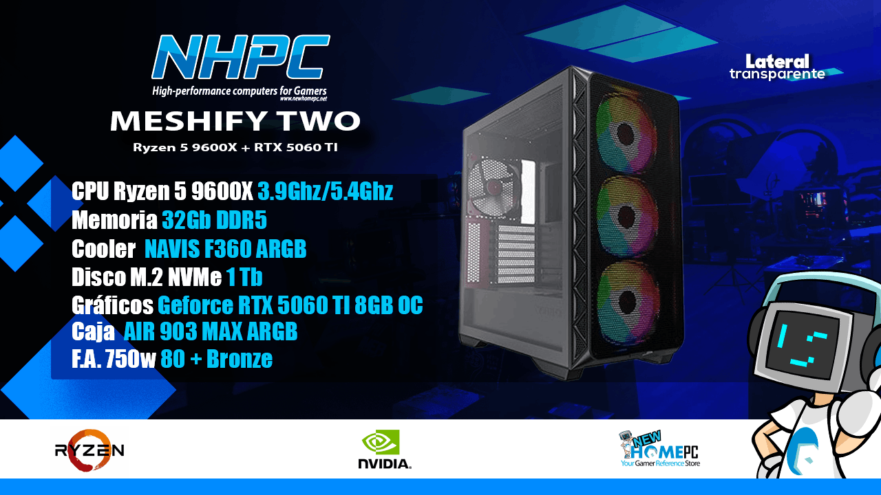 PC gaming NHPC Meshify TWO - Ryzen 5 9600X - 5060 TI - 32GB - 1TB